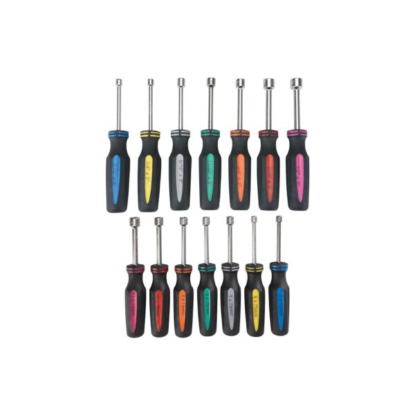 14 Piece SAE and Metric Professional Automotive Nut Driver Set Color Coded Nonslip TPR Hand Grips and 3-inch Hollow Shaft